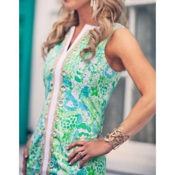 Lilly Pulitzer - Green White Jungle Print "Janice" Shift Dress Embroidery sz 00 - Picture 1 of 15